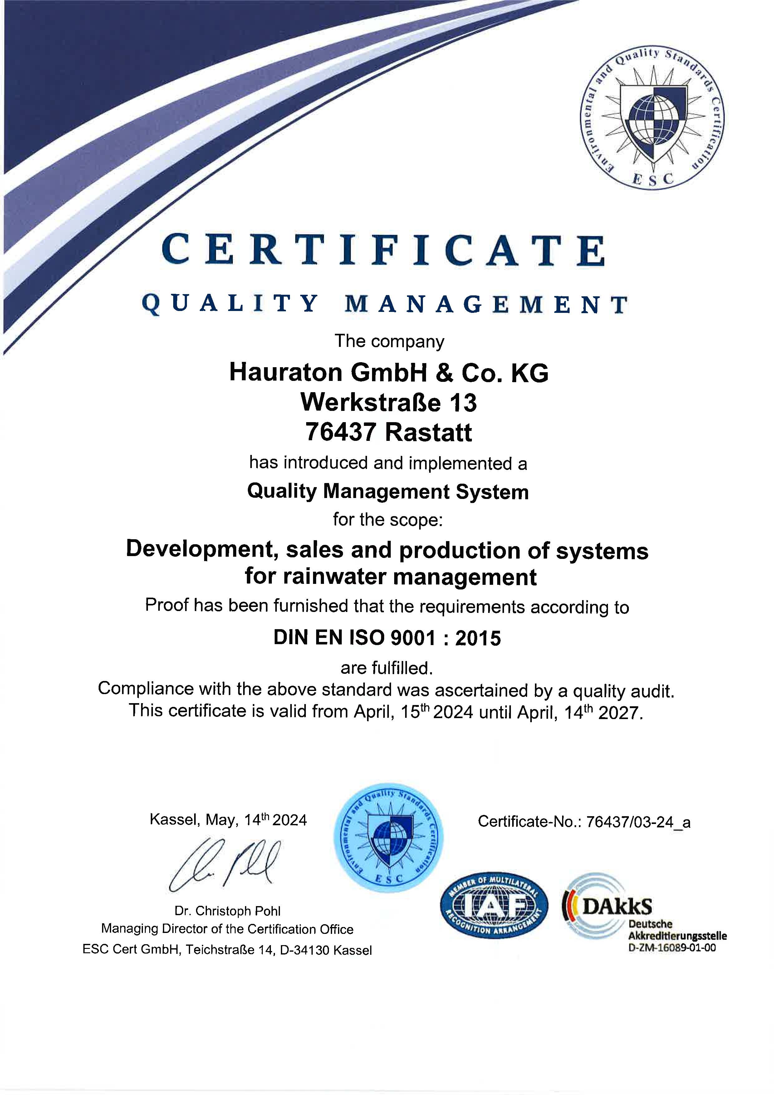 Quality Management Certificate according to DIN EN ISO 9001:2015